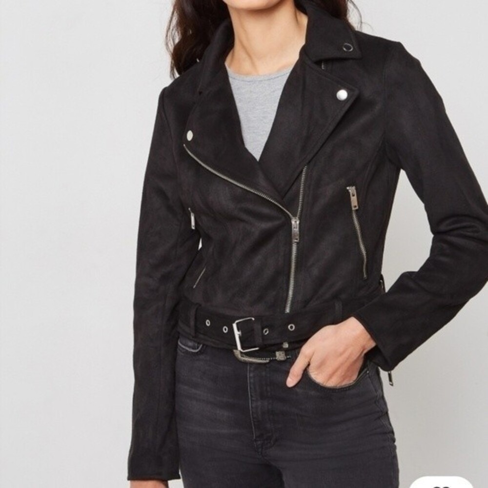 Forever 21 Black Faux Suede moto jacket size small Missing belt fall spring chic